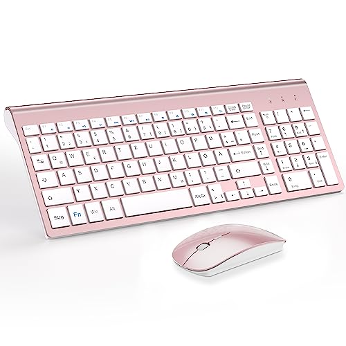 Tastatur Maus Set Ultra Slim TopMate 2 4G Stille Compact USB 2400DPI Maus und Schissschalter Tastatur mit Abdeckung mit 2 AA & 2 AAA Batterien für PC/Laptop/Windows/Mac-Rose Gold Weiß
