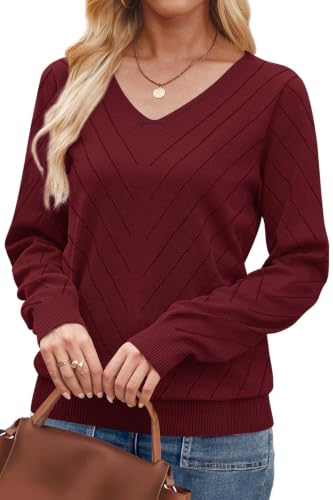 Image of WIHOLL Sweaters for Women V Neck Casual Knit Long Sleeve Tops Lightweight Pullover Clothes Fall Fashion Outfits 2026