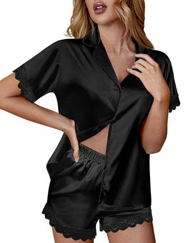 Image of Ekouaer Womens Lace Satin Pajama Set Button Down Pj Shorts Set Bridesmaids Getting Ready Outfits Casual Sleepwear XS-XXL