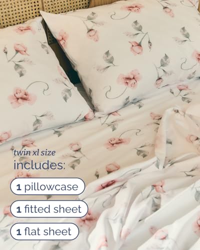 Image of Twin XL 3 Piece Floral Sheet Set - Soft, Breathable & Cooling - Rosebud