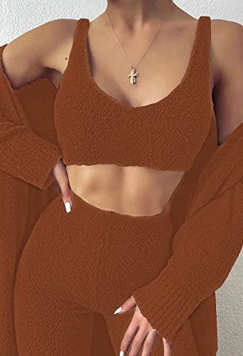Image of Fixmatti Women's Fuzzy 3 Piece Sweatsuit Open Front Cardigan Crop Tank Tops Wide Legs Pants Lounge Sets