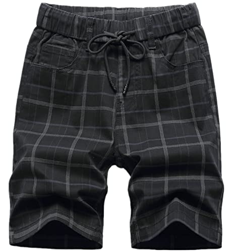 Boy's Pull On Drawstring Stretch Plaid School Uniform Plaid Khaki Shorts With Pockets,Black,16 #TOP18
