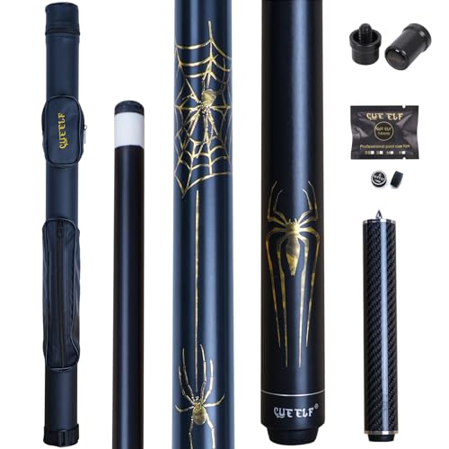 CUEELF 58" 2-Piece Low Deflection Pool Cue Spider Pattern, Spray Black Maple Forearm with Carbon Fiber Extension, 1x1 Hard Case, Joint Protectors & Replacement Tip