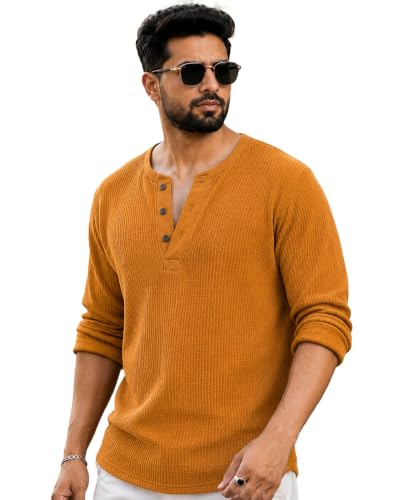 Image of AUSK Men's Waffle Knit Henley T-Shirt | Cotton Blend Full Sleeve Textured Casual T Shirt | Regular Fit Button Placket Round Neck Tshirt for Men