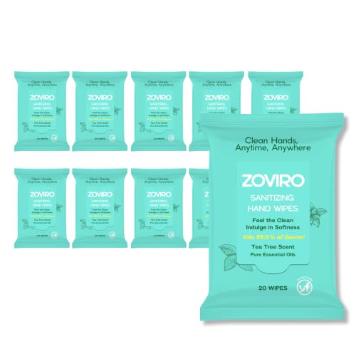 Zoviro Hand Sanitizer Wipes, Moisturizing With Tea Tree Essential Oil, 20 Count (Pack of 10)