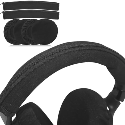 Adhiper 2 pares de fundas para almohadillas de auriculares + 2 fundas para diadema, fundas elásticas, lavables y protectoras para auriculares de gimnasio, gaming, para almohadillas de 3.5" - 4.3" miniatura 1