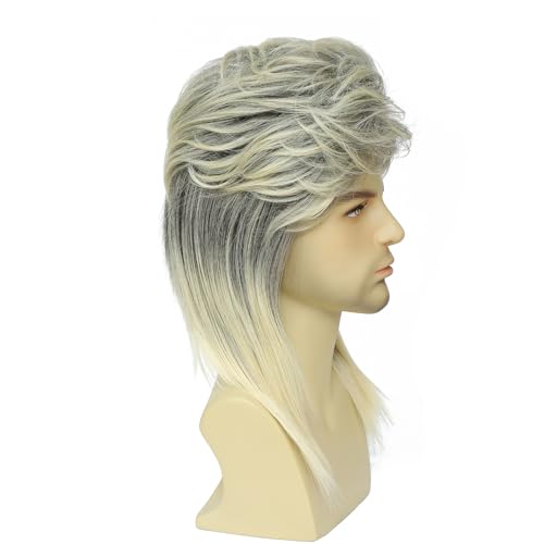 Image of 80s Men's Mullet Wig, Long Ombre Blonde & Black Retro Wig for Halloween Cosplay, Punk Rock Costume, Fancy Dress & 80s Theme Party (Blonde Mix Black)