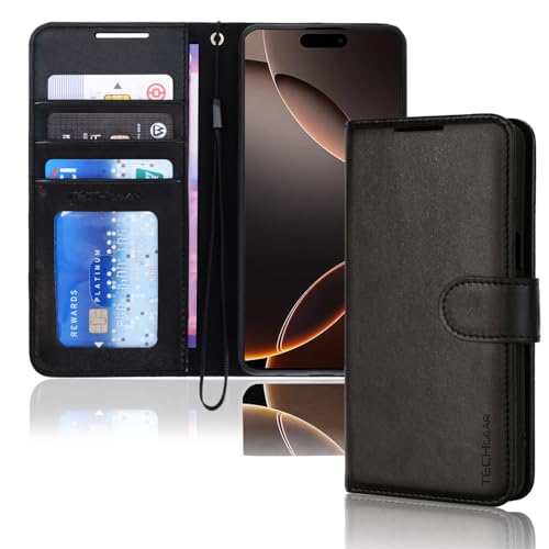TECHGEAR iPhone 16 Pro Max Leather Wallet Case, Protective Flip Case Cover [RFID BLOCKING] Wallet Card Holder, Stand & Wrist Strap - Black PU Leather with Magnetic Closure for iPhone 16 Pro Max 6.9