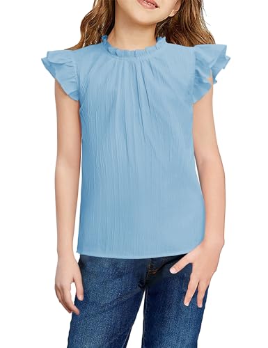 Image of Arshiner Girls Ruffle Short Sleeve Shirts Cute Summer Frill Neck Pleated Textured Blouse Tops