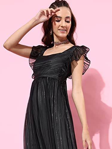 Image of Miss Chase Women's Round Neck Sleeve Embellished Fit Flare Maxi Dress