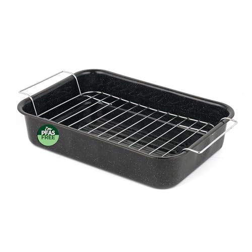 Salter Vitreous Enamel 34cm Roaster & Rack - Large Roasting Tin Oven Baking Dish Roast Chicken Tray Meat/Vegetables Dishwasher Safe Deep Rectangular Oven Tray with Stainless Steel Rack Black