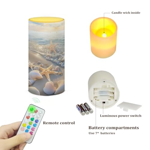 Image of Poceacles Beach Starfish Shell Sea Flameless Candle with 18-Key Remote Timer Color Changing, Flickering Wick Realistic Votive Electric Candle for Beach Theme Home Kitchen Decoration