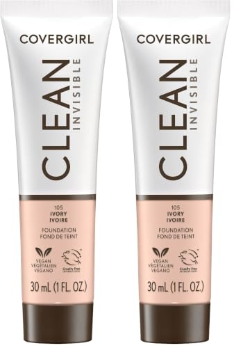 Image of COVERGIRL Clean Invisible Foundation Makeup, Dewy & Glowy Natural Finish, Buildable Coverage, Skin-Like Smooth Look, Vegan, Ivory, 1oz (Pack of 2)