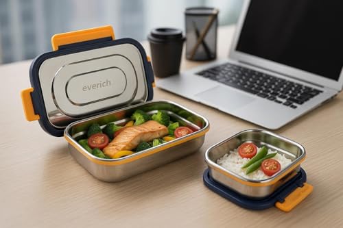Image of Stainless Steel Lunch Box 800ml with 1000ml Water Bottle - Leak-Proof, BPA-Free & Lightweight Combo Set for Office, School, Travel & Picnic