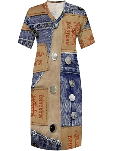Image of SUZONANA Plus Size Denim Print Maxi Dresses for Curvy Women Casual Blue Jean Dress Summer Short Sleeve Tshirt Western Cowgirl Outfits 5XL