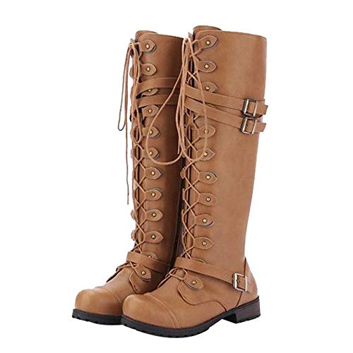 Amiley women boots winter,Clearance Women Steampunk Gothic Vintage Style Retro Punk Buckle Military Combat Boots (Yellow, 7)