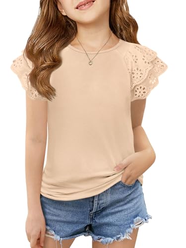 Image of Haloumoning Girls Ruffle Sleeve T Shirts Summer Short Sleeve Casual Cute Crewneck Tops Tees 5-14 Years