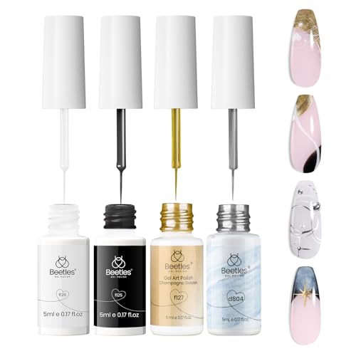Beetles Gel Liner Nail Polish Set 5ml 4 Pcs Nail Art Liner Gold Glitter Silver Black White Gel Polish Kit 3D Mirror Painted Glossy Swirl French Chrome Effect Nails Design Gift for Women