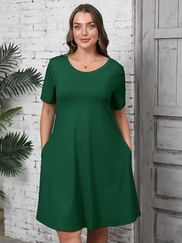 Image of AusLook Plus Size Midi Dress for Women Casual Summer Short Sleeve A Line Swing Dress with Pocket Round Neck Flowy Dress 1X-5X