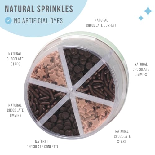 Image of Sweets Indeed Dye Free Chocolate Sprinkles 6 Cell Jar - No Artificial Dyes Quins, Jimmies and Star Sprinkles for Baking & Decorating Cupcakes, Cookies, Cakes & Desserts - 2.75 ounces