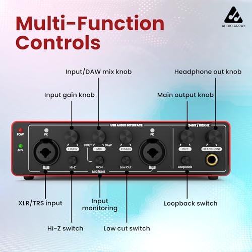 Image of Audio Array AI-04 HD 2x2 Gen 3 Audio Interface | Premium Mic Pre-Amps | 48V Phantom Power | 24bit /192kHz Hi-Fi Recording | XLR /MIC /LINE inputs | Plug & Play-No Drivers | 2 in 3 out | Metal Body | Red