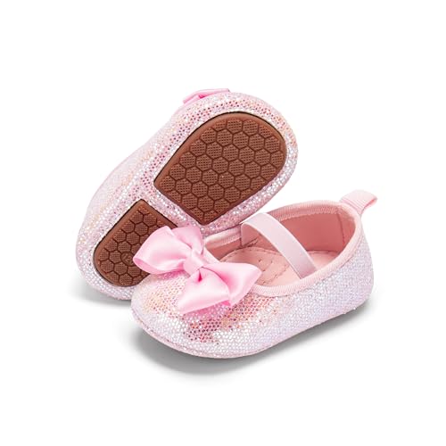 PHIRAMIN Baby Girls Pink Sequin Mary Jane Flats - 6-9 Months Infant,Babies Walking Shoes Soft Rubber Sole Princess Wedding