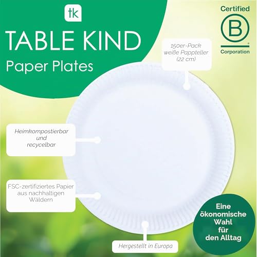TABLE KIND x 150, 22CM, Umweltfreundliche Pappteller zum Geburtstag, umweltfreundliches, recycelbares Einweggeschirr, biologisch abbaubares Partyzubehör, heimkompostierbar, Hergestellt in der EU