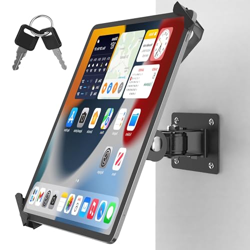 Image of BUSIVYTA Anti-Theft Tablet Wall Mount with Key Lock, Full Motion Commercial Locking iPad Holder Mount for POS Kiosk, 360° Rotation Swivel Tilt Tablet Stand Fits 7"-14" iPad Pro Air Galaxy Tab, Black