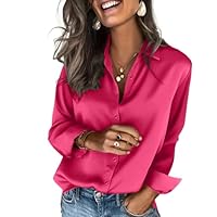 Chemisier en Satin pour Femme - Manches Longues - Chic et Élégant - Col en V - Couleur Unie Chemise Shirts Tops Taille 36 38 40 42 44,Rose Vif,M,f29r
