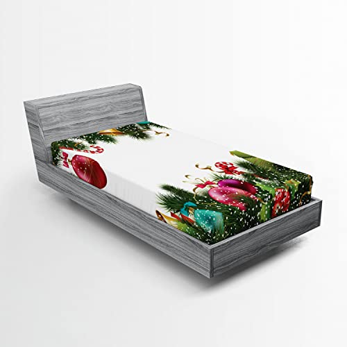 Ambesonne Christmas 2 Pack Fitted Sheet, New Year Celebration, Bed Cover All-Round Elastic Deep Pockets 2 Pieces, Package Contains 2 Twin Size Fitted Sheets, Maroon Green