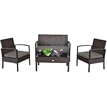 COSTWAY Outdoor Patio Furniture Set 4 Pieces, Wicker Conversation Set with Tempered Glass Topped Table, Seat Cushions, Rattan Chair Wicker Sofa for Backyard Balcony Porch Poolside