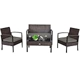 COSTWAY Outdoor Patio Furniture Set 4 Pieces, Wicker Conversation Set with Tempered Glass Topped Table, Seat Cushions, Rattan Chair Wicker Sofa for Backyard Balcony Porch Poolside