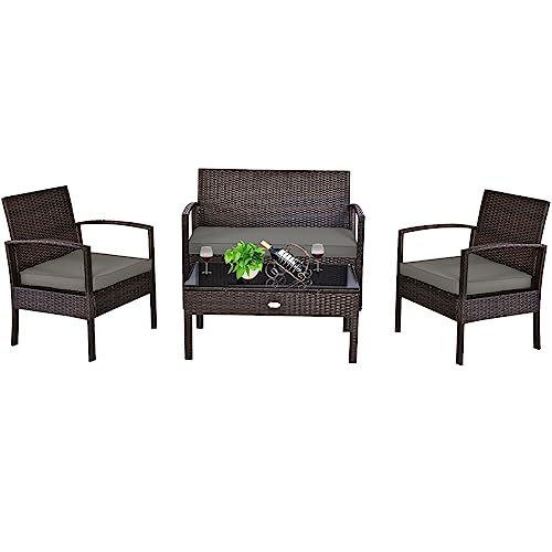 COSTWAY Outdoor Patio Furniture Set 4 Pieces, Wicker Conversation Set with Tempered Glass Topped Table, Seat Cushions, Rattan Chair Wicker Sofa for Backyard Balcony Porch Poolside