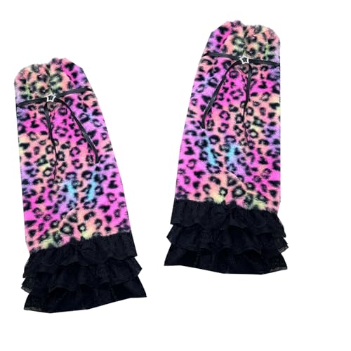 Chaussettes empilables léopard pelucheuses pour femmes avec dentelle et étoiles