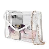 Bucosd Clear Purse for Women Stadium Approved, Clear Crossbody Bag with Leather Edging for Concert Sports Events (White - Gold Chain)