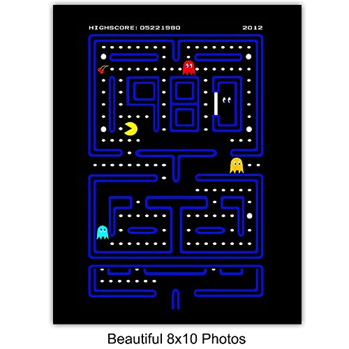 Classic Arcade Games - Arcade Decor - 8X10 Wall Art Prints Set For Man Cave, Den, Family Room, Bar, Bedroom - Gift For Gamers, Video Game, Atari, Pacman, Ms Pacman, Donkey Kong, Space Invaders Fans #TOP3