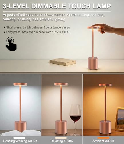 Image of Cordless Table Lamps Rechargeable Set of 2, Portable LED Desk Lamp, 5000mAh Battery Powered Wireless Table Light - 3 Color Dimmable Lighting for Restaurant Dining Patio Outdoor Bedroom(Rose Gold)