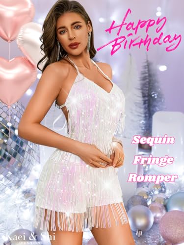 Image of Kaei&Shi Sequin Fringe Romper,Sparkly Glitter Metallic Jumpsuits For Women,Backless Shorts Dress Disco Birthday Dance Outfit