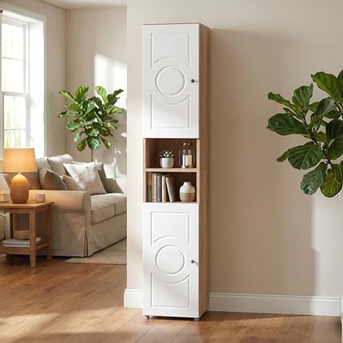 Image of Rocco Lofty Bookshelf for Living Room, Bedroom, Office & Study | Soft Closes Hinges | Smooth Premium Finish (Tall Size, Circles)
