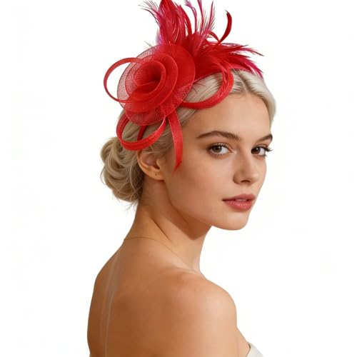 Fascinator for Women Floral Mesh Wedding Guest & Tea Party Headpiece Detachable Feather Hair Clip & Headband Gift Ready Womens Accessor (Red)