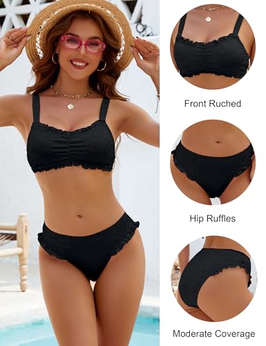 Image of Blooming Jelly Womens Bikini Set Two Piece Ruffle Bandeau Bathing Suits Cheeky High Cut Cute Eyelet Swimsuit