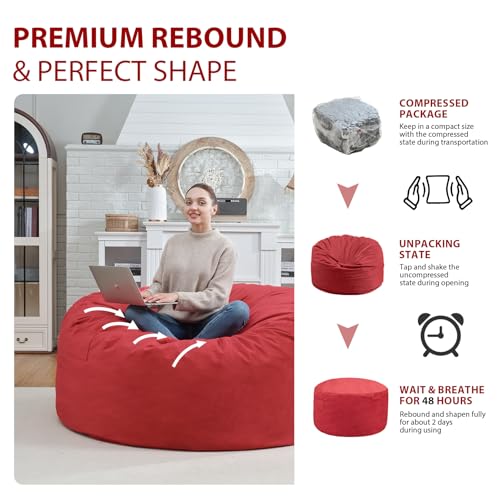 3FT Bean Bag Chair, Comfy Bean Bag Chairs with Memory Foam Filled, Fluffy Beanbag Sofa with Dutch Velvet Cover, Round BeanBag Chairs for Living Room, Playroom - Red