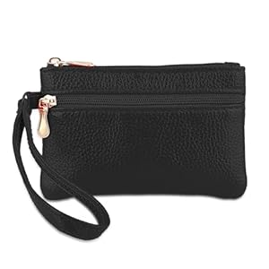 Kleine Damen Geldbörse, PU Damen Wristlet Portemonnaie Clutch Tasche Doppelter Reißverschluss Abnehmbarer HandschlaufeKann kleine Veränderung Bankkarte Kosmetika aufnehmen (Schwarz)