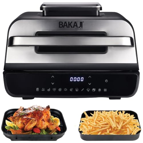 BAKAJI Friggitrice ad Aria e Grill Bistecchiera XXL Combi 6 L, Air Fryer Multifunzione con Piastra Griglia per Cuocere, Arrostire, Grigliare, BBQ, 6 Livelli di Cottura, Sonda Temperatura, 1800W