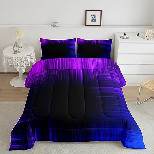 Image of Feelyou Blue and Purple Striped Bedding Set Queen, Geometric Artistic Smear Comforter for Kids Boys Girls Ombre Gradient Lines Comforter Set Abstract Graffiti Art Duvet Set with 2 Pillow Case