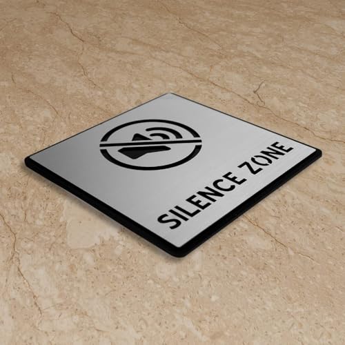 Image of Premium Brush Finish Square Silver Acrylic Silence Zone Door Sign Easy to Mount Self-Adhesive Tape 5.8 Inch Signage for Office Corporate Hospital Business