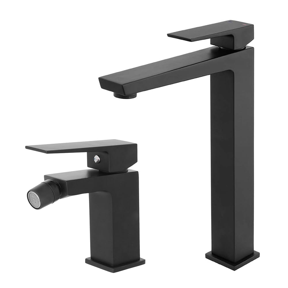 Set Miscelatori per Lavabo Alto e Bidet in Ottone Nero Opaco Linea Kubo con Pilette Click Clack e Kit Montaggio