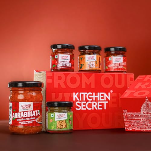 Image of Kitchen Secret Italian Sample Box - 5 Gourmet Sauces - For Pasta, Spaghetti, Pizza, Wraps, Sandwich, No Preservatives, Made with Fresh Quality Ingredients, Taste of Italy