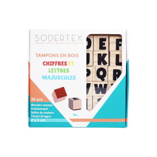 SODERTEX - Mini-Stempel aus Holz Buchstaben und Zahlen - 2 x 2 x 2 cm - 36 Stück - L740202 - Kreatives Hobby Cover