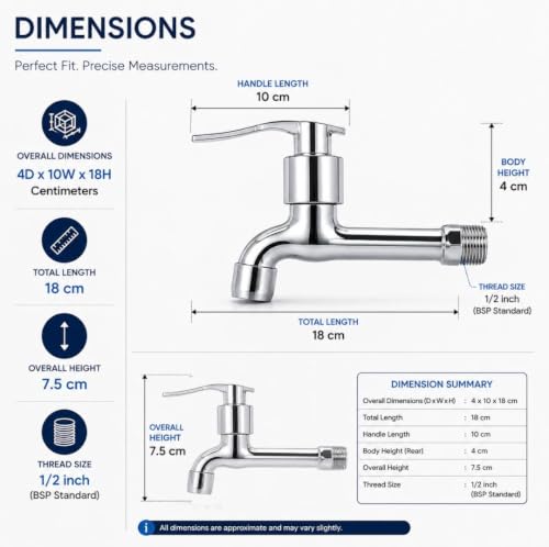 Image of Furiq Bath Spoon Stainless Steel Long Heavy Body Tap for Bathroom & Kitchen Taps with Brass Disk Chrome Finish and Quarter Turn Fitting Wall Flange and Teflon Tape - Pack of 2